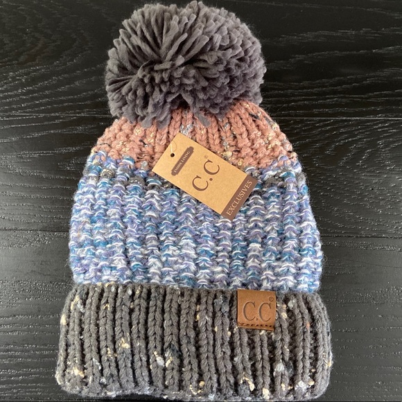 C.C Exclusive Gray & Denim Lined Beanie w/Pom Pom - Picture 6 of 8